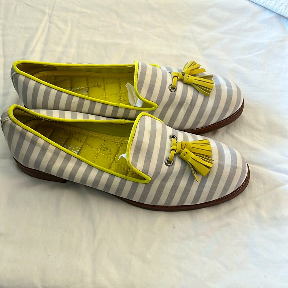 Sperry Blue Striped and Yellow Trimmed Fabric Loafers, Women’s size 7.5M